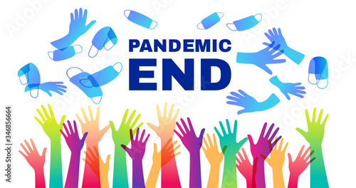 Quarantine is over. pandevic end. end the lockdown. coronavirus is finish. Hands up. multi-national group of people cheers with their hands raised in protective gloves throw up protective masks.