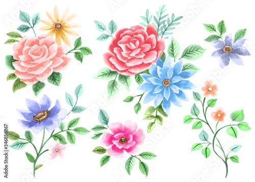 Watercolor drawing  Flowers and Leaves