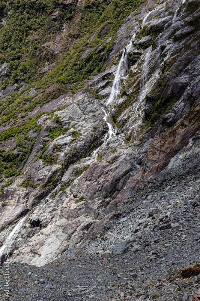 Franz Joseph Glacier and small waterfall. South Island, New Zealand Franz Joseph Glacier and small waterfall. South Island, New Zealand