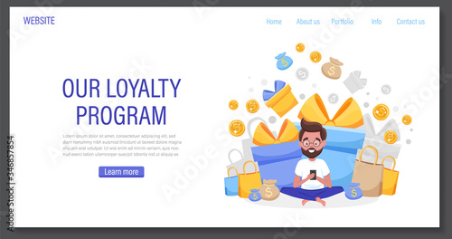 Online reward program banner with happy man receive a gift box.  
Landing page template, ui, web, homepage. Customer loyalty marketing program. Flat cartoon vector illustration