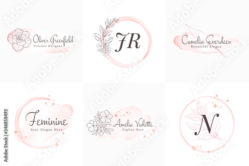 Feminine logos collection, hand drawn modern minimalistic and floral and watercolor badge templates for branding,  identity, boutique, salon vector