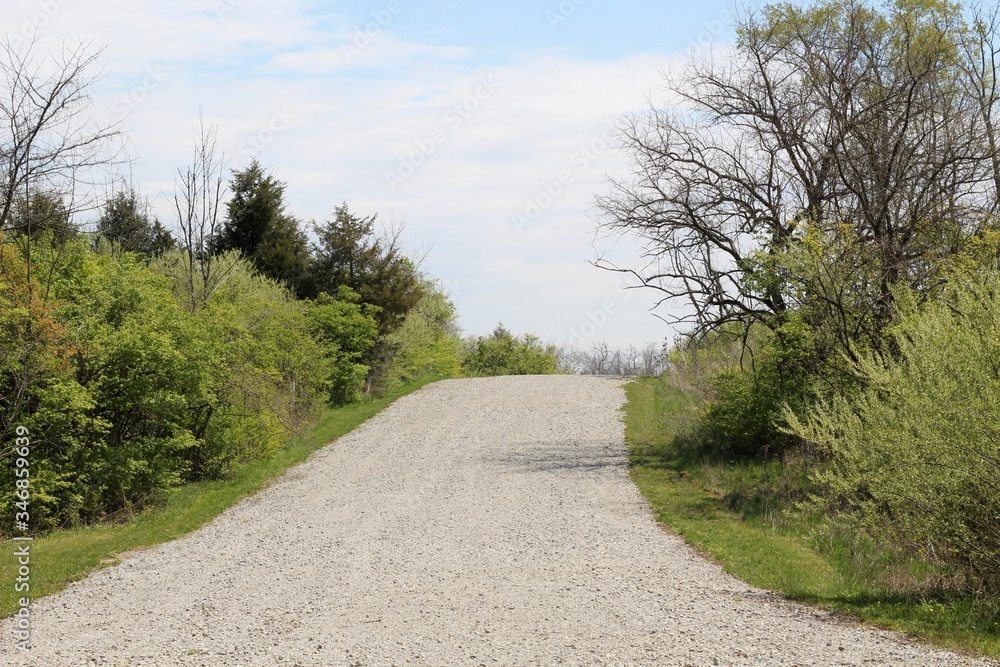 The long empty gravel road in the countryside on a sunny day. - obrazy, fototapety, plakaty 
