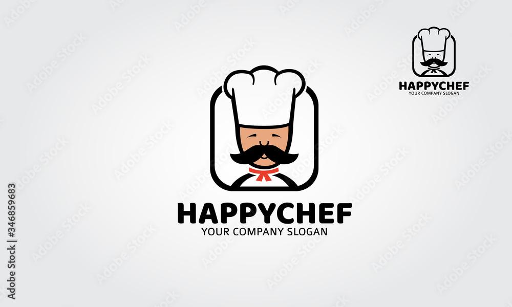 Happy Chef Vector Logo Illustration. Logo template suitable for businesses and product names. Logo of a stylized chef with chef hats  and big mustache.