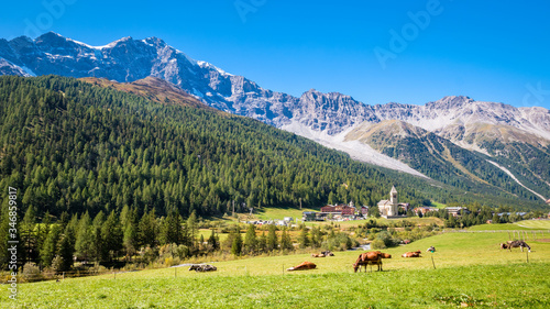 Looking at Sulden (Italian: Solda), a mountain village in South Tyrol on a sunny September day. Sulden (1,900 m) lies at the foot of the Ortler, in the Vinschgau valley east of the Stelvio Pass.