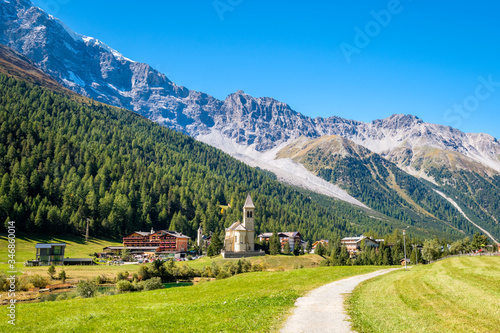 Looking at Sulden (Italian: Solda), a mountain village in South Tyrol on a sunny September day. Sulden (1,900 m) lies at the foot of the Ortler, in the Vinschgau valley east of the Stelvio Pass. © Chris
