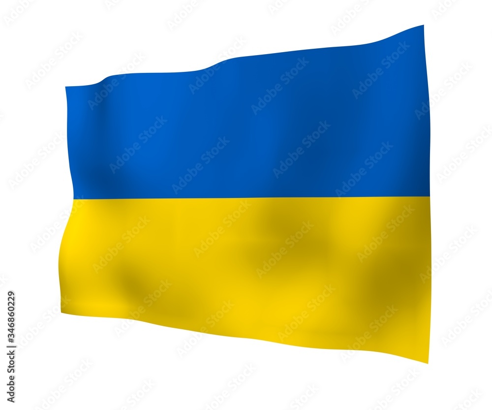 Obraz premium The flag of Ukraine on a white background. National flag and state ensign. Blue and yellow bicolour. 3D illustration waving flag