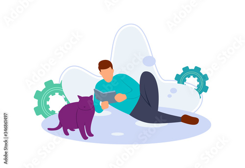 Flat vector illustration of a man reading a book at home and a cat next to him. The application of social distance in preventing covid-19.