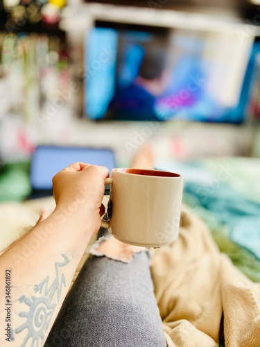 Mobile photo. Girl in self-isolation.