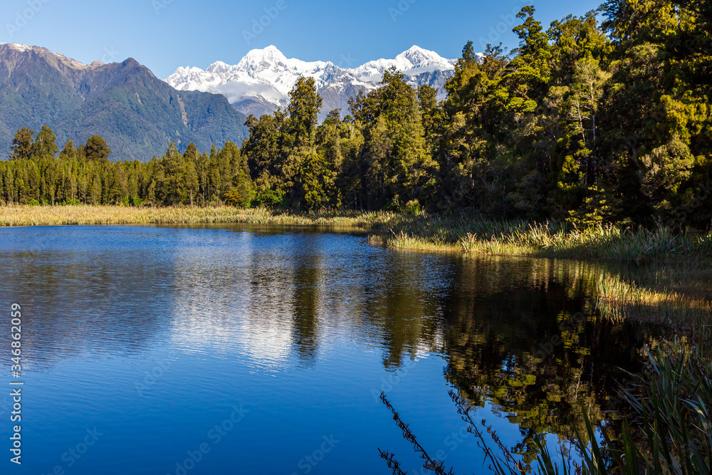 Matheson lake. Mount Cook and mount Tasman reflection. Southern Alps. South Island. New Zealand