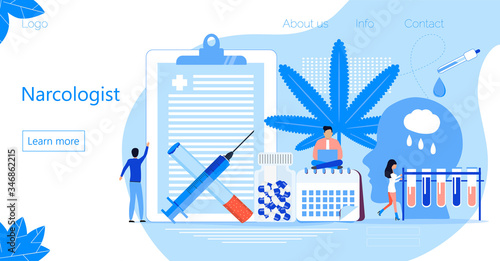 Narcology concept vector for landing page. Tiny narcologist doctors treat human against drug, tobacco addiction. Psychiatrists helps patient, mental health