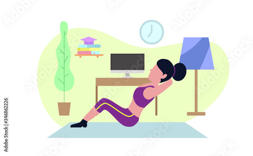 woman workout from home. sit up stabilization at home with interior design. Stay healthy, beauty and good posture.