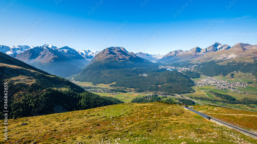 Panoramic view from Muottas Muragl (Graubünden, Switzerland) of Pontresina, Val Roseg, Celerina, the Upper Engadine Valley and the four Upper Engadine Lakes (Champfer, St. Moritz, Silvaplana, Sils)