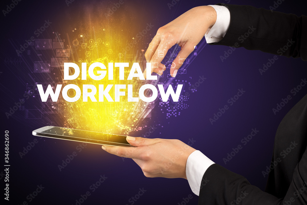 Close-up of a touchscreen with DIGITAL WORKFLOW inscription, innovative technology concept Close-up of a touchscreen with DIGITAL WORKFLOW inscription, innovative technology concept