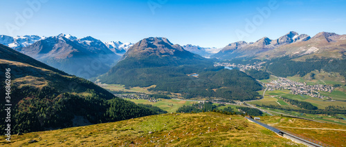 Panoramic view from Muottas Muragl (Graubünden, Switzerland) of Pontresina, Val Roseg, Celerina, the Upper Engadine Valley and the four Upper Engadine Lakes (Champfer, St. Moritz, Silvaplana, Sils)