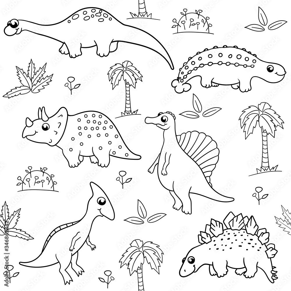 Obraz premium seamless vector pattern in black and white on a white background with various cute cartoon dinosaurs, palm trees, leaves. for Wallpaper, printing on fabric, paper, for children's coloring books