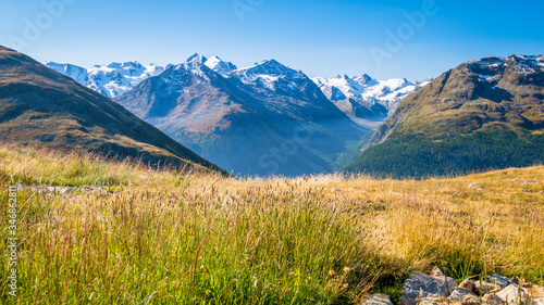 Panoramic view from Muottas Muragl (Graubünden, Switzerland) of Val Roseg. It is a viewpoint accessible by a funicular railway, and  includes a hotel and restaurant