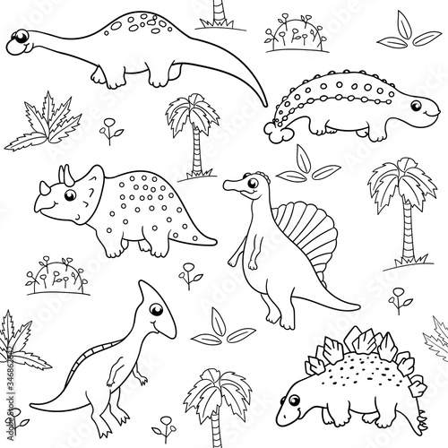 seamless vector pattern in black and white on a white background with various cute cartoon dinosaurs  palm trees  leaves. for Wallpaper  printing on fabric  paper  for children s coloring books