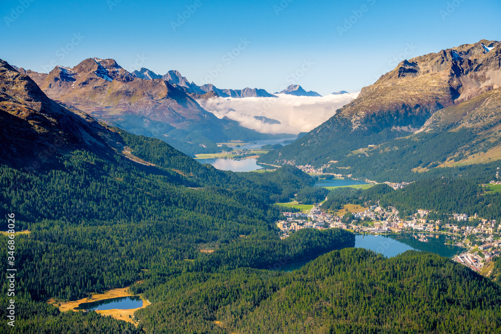 Panoramic view from Muottas Muragl (Graubünden, Switzerland) of the Upper Engadine Valley and the four Upper Engadine Lakes (Champfer, St. Moritz, Silvaplana, Sils). It's accessible by funicular 