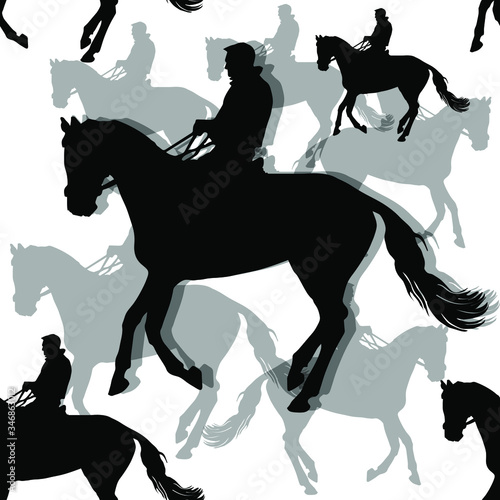 endless pattern, silhouettes of sports horses and riders isolated on a white seamless background, decorative pattern, Equestrian sports