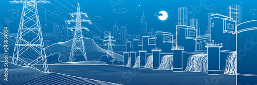 Hydro power plant. River Dam. Energy station. Power lines. People at shore. City infrastructure industrial panorama. Urban life. White outline on blue background. Vector design art