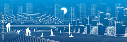 Hydro power plant. River Dam. Train rides on bridge. People stay at shore. City infrastructure industrial illustration panorama. Urban life. White lines on blue background. Vector design art