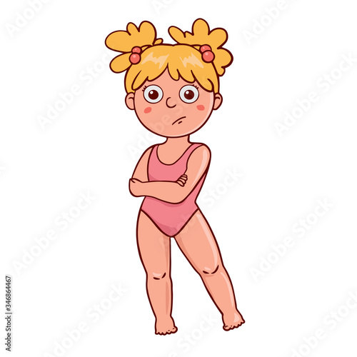  A simple flat illustration of a girl in a pink swimsuit. Doodle sketch of a displeased child 
