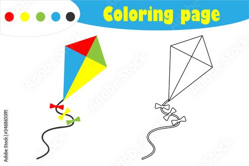Kite in cartoon style, coloring page, education paper game for the development of children, kids preschool activity, printable worksheet, vector illustration