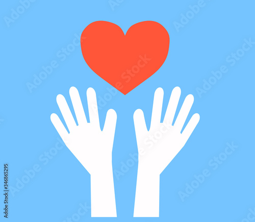 Hands of a man and a big red heart on a blue background. Sign. Vector illustration.