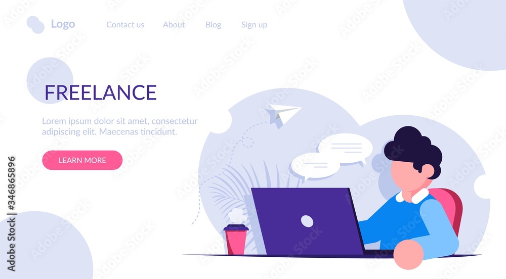 Freelancer or office worker sits at a desk with a laptop and a mug of coffee. Distance work from home. Modern flat vector illustration. Freelancer or office worker sits at a desk with a laptop and a mug of coffee. Distance work from home. Modern flat vector illustration.