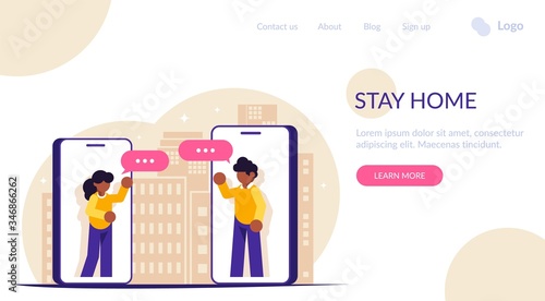 Stay home. People communicate via messengers in mobile phones during an epidemic or isolation. Modern flat vector illustration.