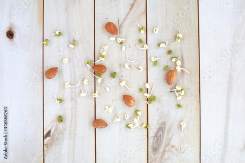 Healthy nutrition, nuts and sprouted sprouts of mung bean laid out on a wooden eco background