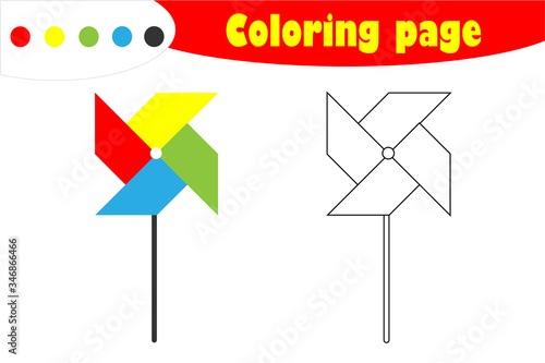 Pinwheel in cartoon style, coloring page, education paper game for the development of children, kids preschool activity, printable worksheet, vector illustration