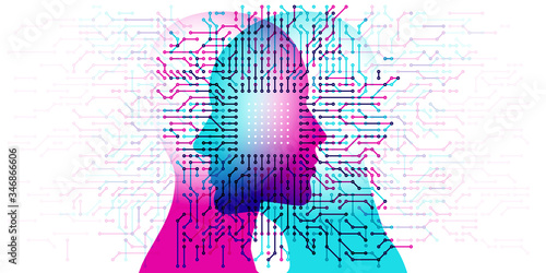 A male and female side silhouette positioned face to face, overlaid with a white single Computer Chip detail and numerous circuit board electronic details.