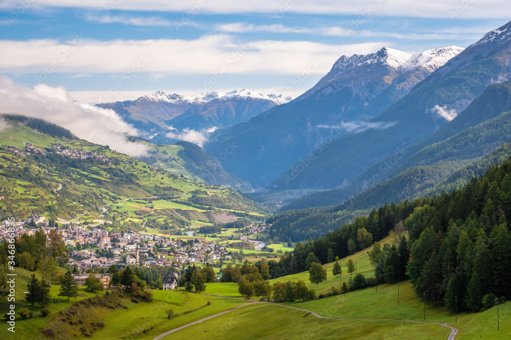 Fototapeta premium Mountains surrounding Scuol, a village in the canton of Graubünden, Switzerland. It is situated within the Lower Engadin valley along the Inn River, at the foot of the Sesvenna Range.