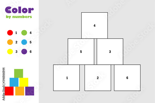 Cubes in cartoon style, color by number, education paper game for the development of children, coloring page, kids preschool activity, printable worksheet, vector illustration