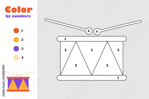 Toy drum in cartoon style, color by number, education paper game for the development of children, coloring page, kids preschool activity, printable worksheet, vector illustration