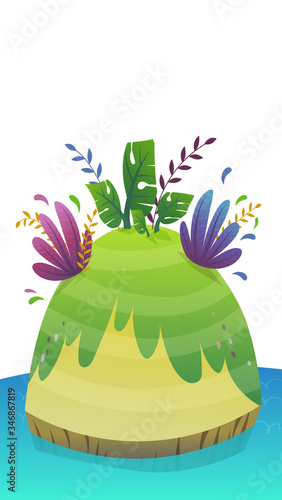 cartoon desert tropic island with coconut palm tree and exotic funny plants . summer travel tourism holiday illustration , uninhabited island at sea ocean