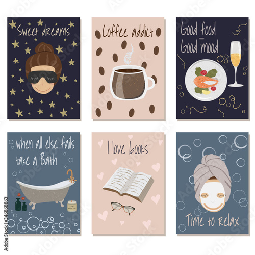 Vector set of cards with cartoon concept illustration of self care. Inspirational quotes for good sleep, reading, tasty food, bath, relaxing, hot coffee. Cute elements for print and design.