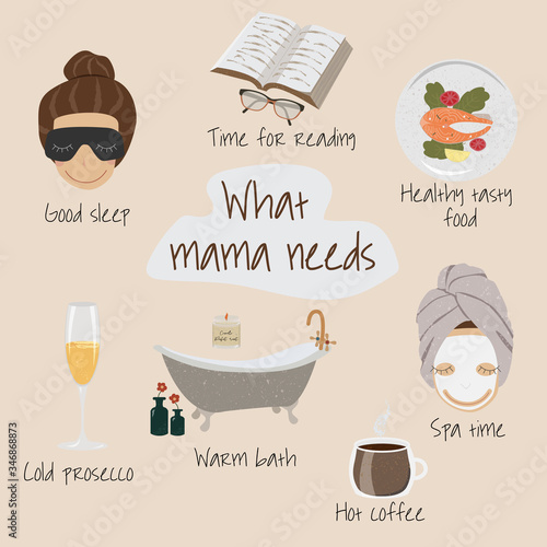 Vector cartoon concept illustration of self care. Mother needs drawn in trend colors. Every mama desire: good sleep, reading, tasty food, bath, relaxing, hot coffee. Cute elements for print and design