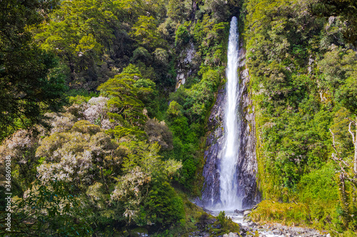 Landscapes of South Island. Waterfall among the greenery. South Island, New Zealand