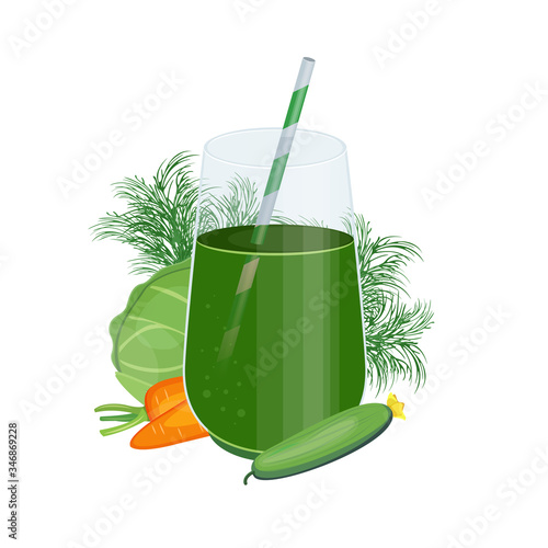 Green fruits and vegetables mix in glass jar. Detox cocktail for healthy dieting.