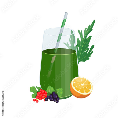 Green fruits and vegetables mix in glass jar. Detox cocktail for healthy dieting.
