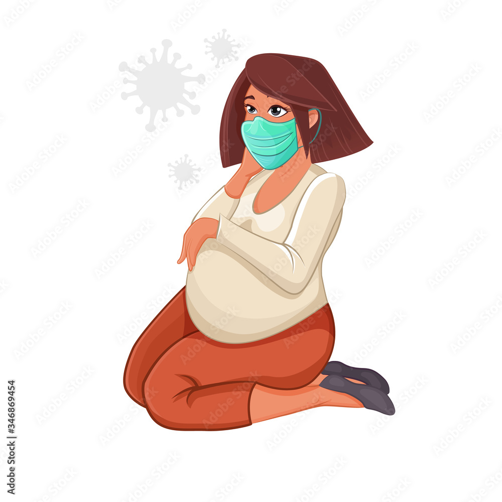 Cartoon Character female pregnant figure in a protective mask. Stop the coronavirus. Self-isolation. Cartoon Character female pregnant figure in a protective mask. Stop the coronavirus. Self-isolation.