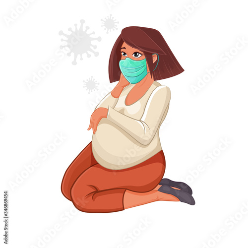 Cartoon Character female pregnant figure in a protective mask. Stop the coronavirus. Self-isolation.