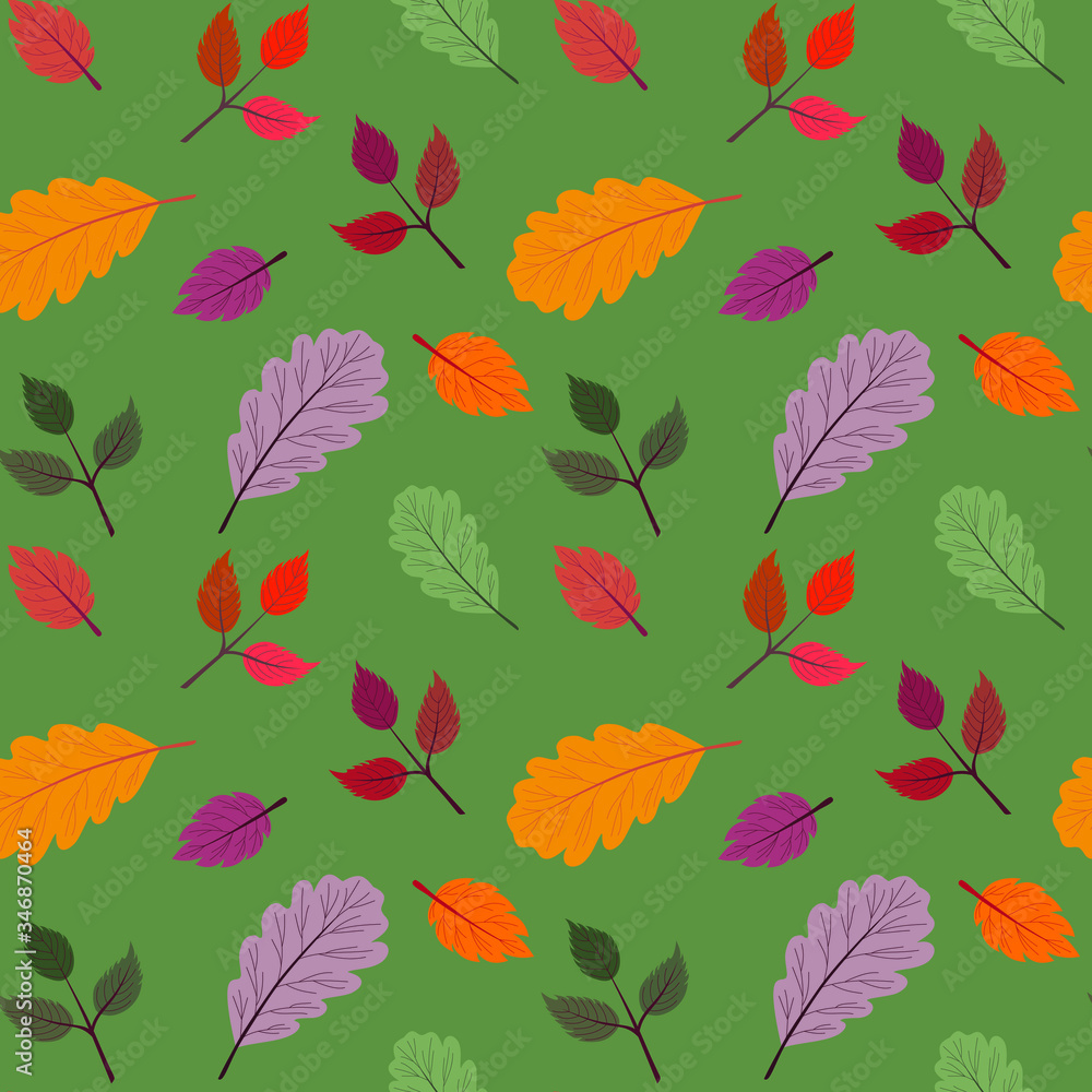 Fototapeta premium Seamless vector pattern with the image of autumn leaves stylized in a flat style. The colors of the autumn gamut are perfect for scrapbooking paper and as separate design elements.
