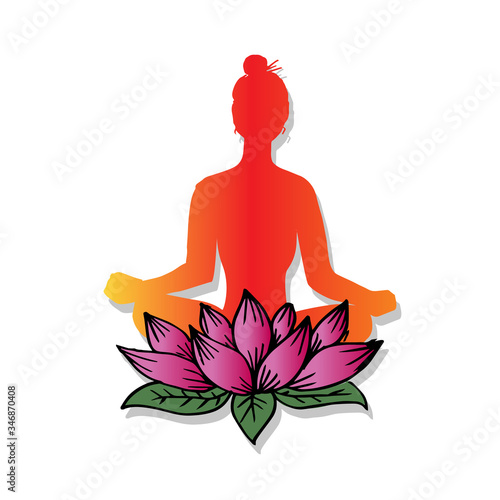 Girl sitting in a lotus yoga pose with a lotus flower