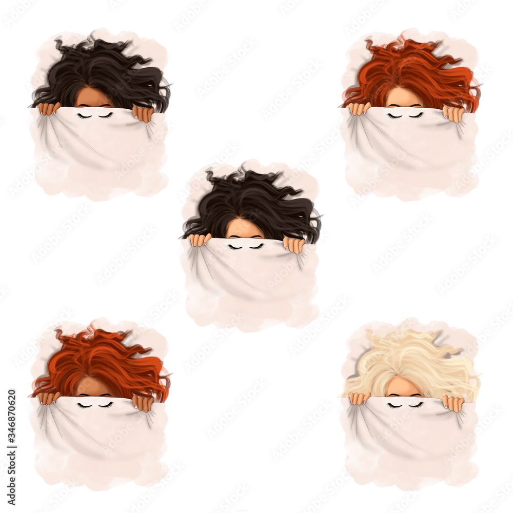 Girl Sleeping Under The Covers Isolated On A White Background Hand