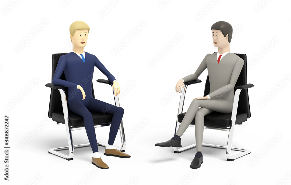 Two businessmen have talks sitting in the armchairs on white background. 3D illustration Two businessmen have talks sitting in the armchairs on white background. 3D illustration