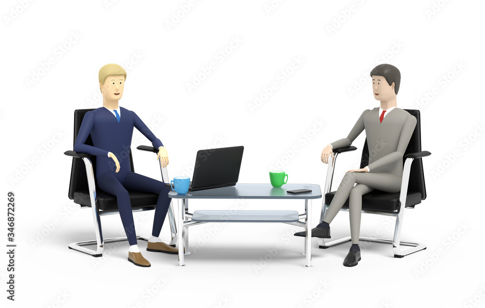 Two businessmen have conversation sitting in the armchairs near the glass coffee table. 3D illustration Two businessmen have conversation sitting in the armchairs near the glass coffee table. 3D illustration
