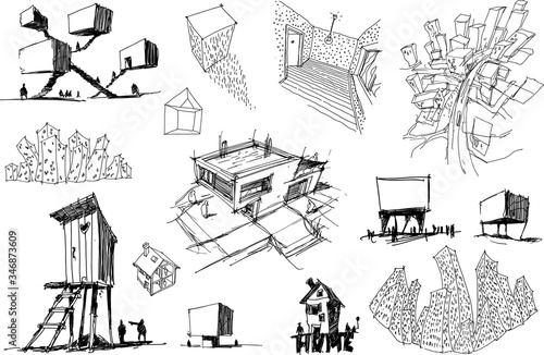many hand drawn architectectural sketches of a modern abstract architecture and detached houses and urban ideas or towns